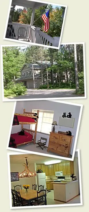 A collage of four images showing a house exterior in a wooded area, a porch with an american flag, a bunk bed in a bedroom, and a kitchen with a wooden table and chairs.