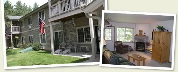 Two-part image showing the exterior of a stone-front house with american flag and the interior living room with fireplace and furniture.