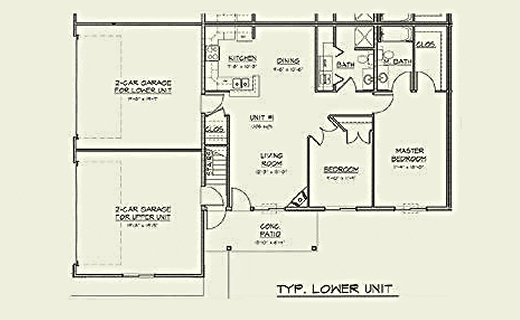 Architectural floor plan of a residential building showing two units each with two-car garages, bedrooms, kitchens, and living rooms.