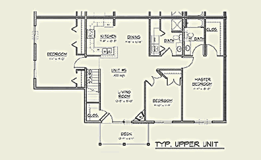 Blueprint of a typical upper unit apartment featuring two bedrooms, two bathrooms, kitchen, dining area, living room, and laundry.