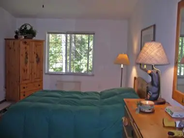 Cozy bedroom featuring a large bed with a green comforter, wooden furniture, a desk with a lamp, and a large window showing forest views.