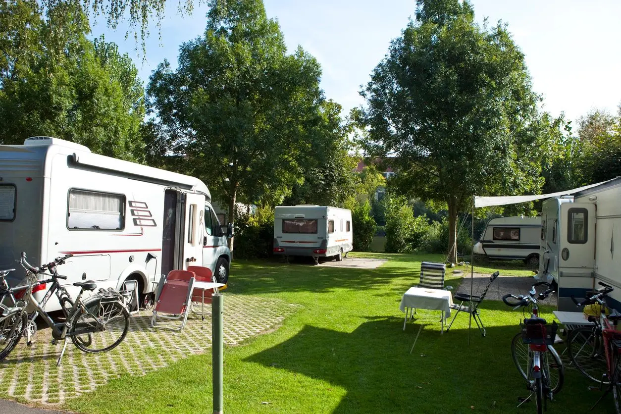 Several motorhomes parked on a grassy campground with bicycles nearby, under clear skies.